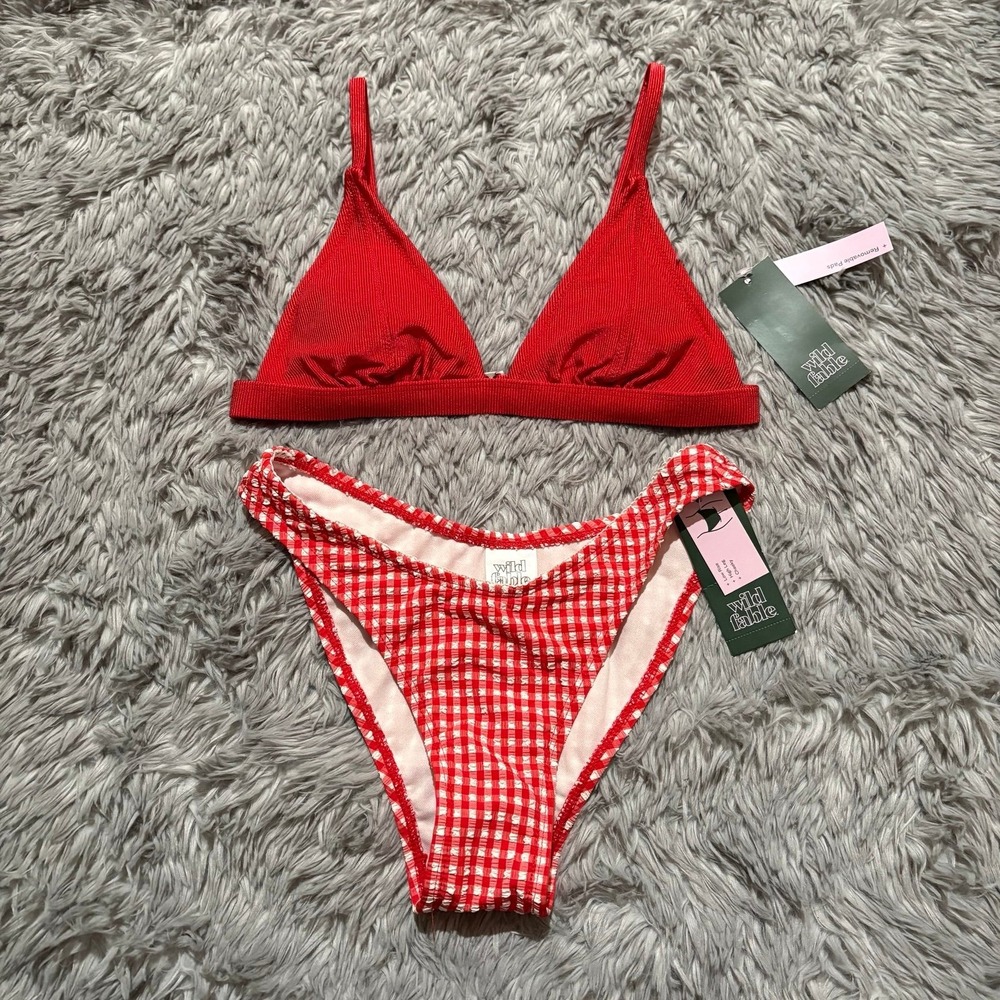 Wild Fable Bikini Set Ribbed Red Top Gingham Bottoms Size XS NEW‎